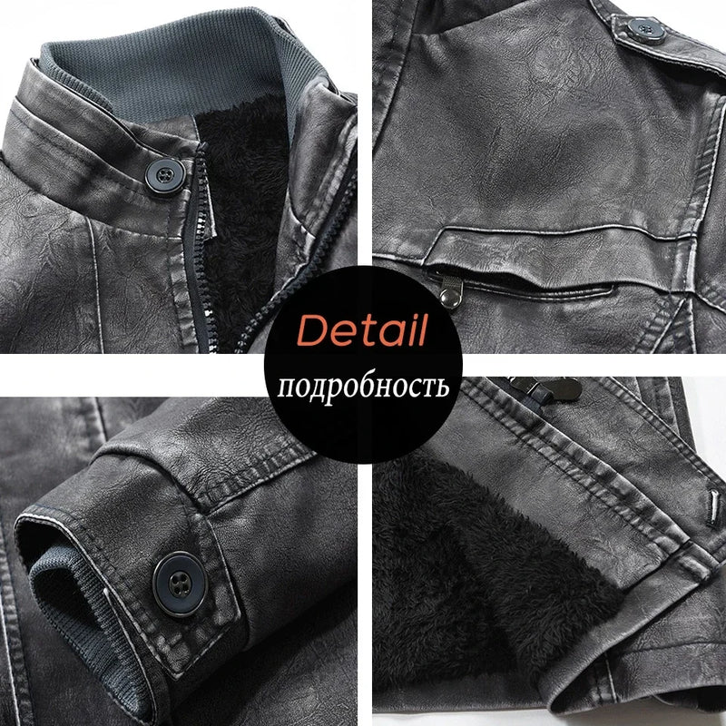 Men Fashion Warm Casual Vintage Faux Leather Jacket Coat Men Winter Brand New Long Thick Fleece Windproof Warm Leather Jacket