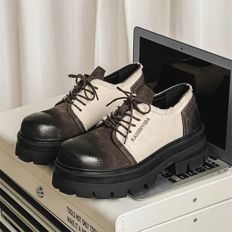 Men Thick Soled Derby Shoes Height Increasing Non Slip Breathable Color Blocked Casual Personalized Youth Fashion Shoes