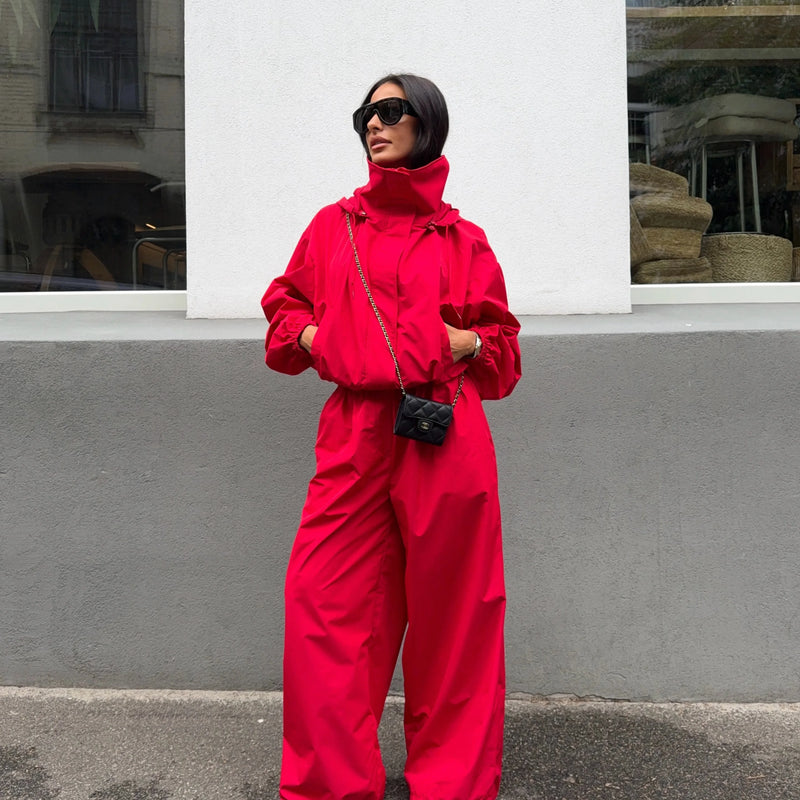 Women Hood Stand Collar Loose Jumpsuit Long Sleeve Elastic Waist Wide Leg Overalls Casual Streetwear One Piece Outfit For Ladies