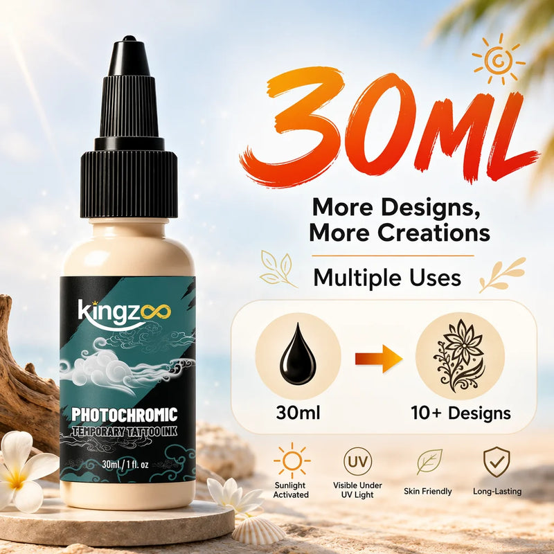 KINGZOO Temporary Tattoo Ink Sun Activated Color Changing Body Art Paint Airbrush Paint for Festival Party Beach Halloween 30ML