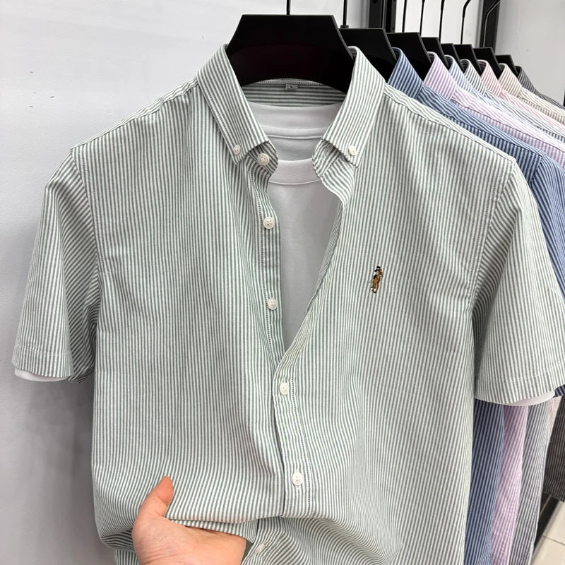 High End Brand Embroidered Striped Shirt Men's Short | SAMAG