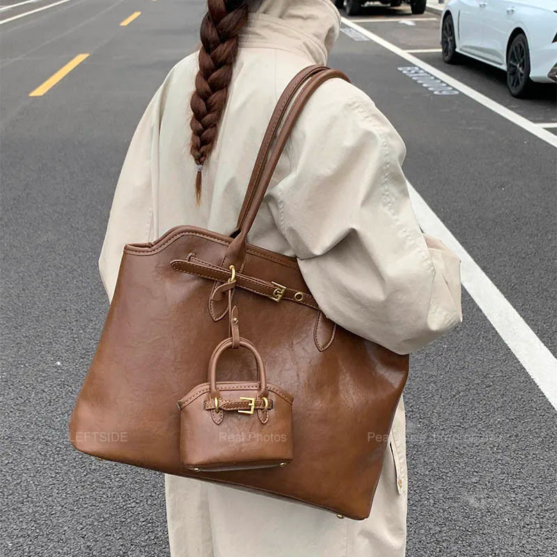 LEFTSIDE Big PU Leather Short Handle Shoulder Bag for Women 2025 Winter Luxury Tote Bag Lady Designer Retro Handbags and Purses