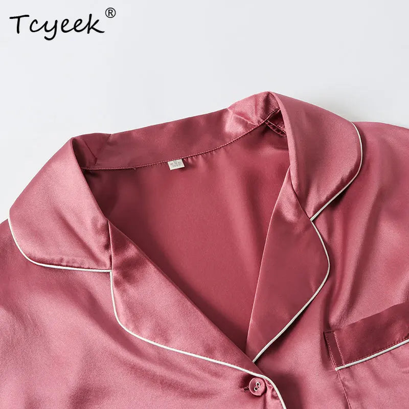 Tcyeek, 100%Real Silk Casual Pajamas Set, Women Long Sleeve Top Pants, Solid Home Clothing Set, 2024 Summer Autumn S48024QC