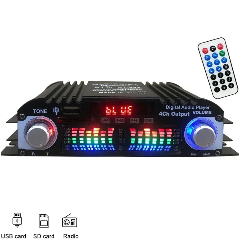 12V 4 Channel Car Power Amplifier with Remote Control BT-998 Hifi Audio Home Digital Amplifiers Bass Power Bluetooth Amplifier