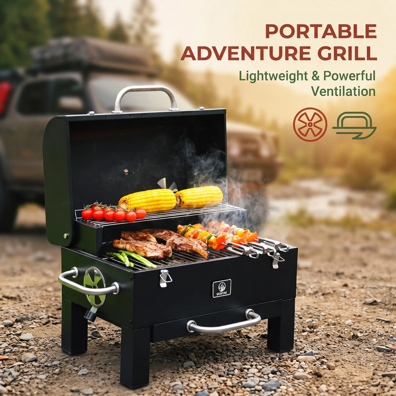 IRONYAK Portable Charcoal Grill & Smoker, Compact 319 Sq.In. Cooking Area Tabletop BBQ for Camping Trips Cover Included