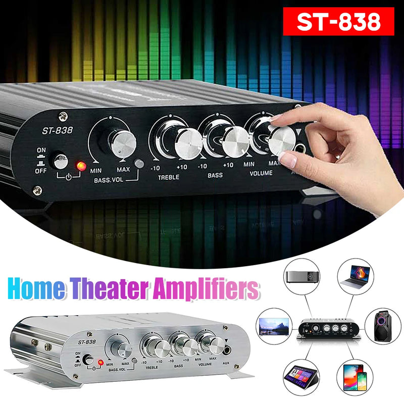 ST-838 Home Theater Amplifiers HiFi 2.1 Channel Power Amplifier Stereo Bass Sound Car Home Amp Media Player Subwoofer Amplifier