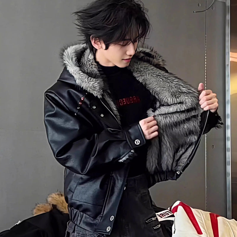 Good Quality PU Leather Faux Fur Leather Jacket Winter Coat Man Woman Vintage Casual Thicken Warm Leather Coat Outerwear