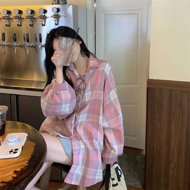 Lazy BF style shirt jacket for spring 2024 new retro plaid loose lantern long sleeved outerwear versatile top women's fashion