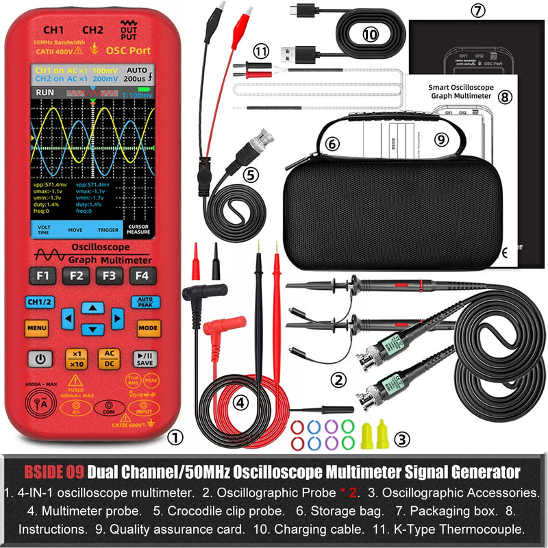 BSIDE 4-IN-1 Handheld Oscilloscope Digital Multimeter+Function Signal Generator Dual Channel O7:25MHz/O9:50MHz Current Tester