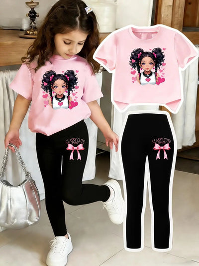 Girls' Short - Sleeve Set: Regular Top + Black Leggings | SAMAG