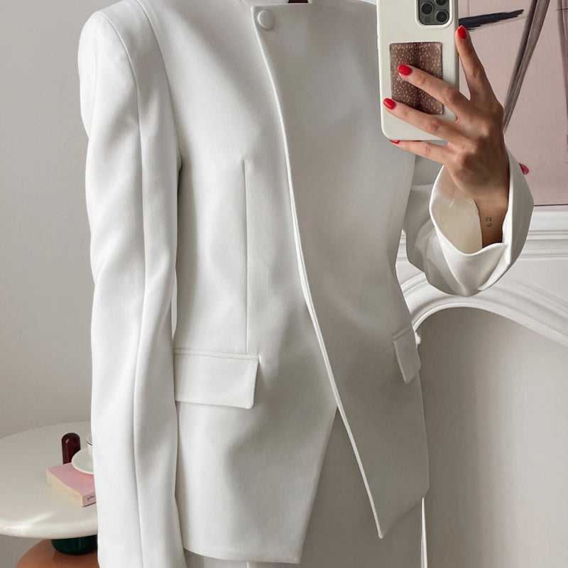 Laur Stand Collar Irregular Blazer Wide Leg Trousers Two Piece Set Women Single Button Elegant Office Suit Commuter Outfit 2026