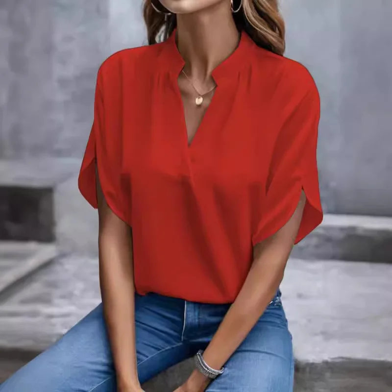 V Neck Short Sleeve Loose Blouse Women Casual Solid Color - View 5 | SAMAG
