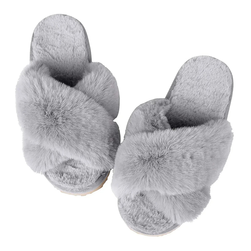 Shevalues Fashion Fluffy Home Slippers For Women Winter Indoor Open Toe Furry Cotton Shoes New Casual Furry Cozy Soft Slippers