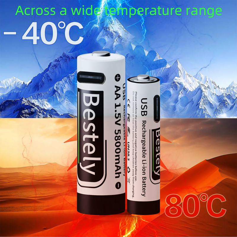 New 1.5V AAA 3600mAh+AA 5800mAh Lithium Ion Rechargeable Battery Fast Charging USB-C Li-ion Batteries 2000 Cycle with Free Cable