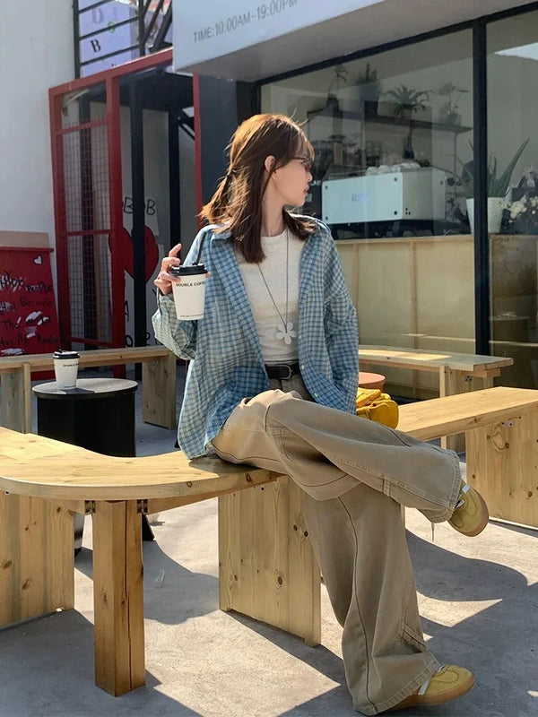 Korean Fashion Blue Plaid Blouse Women Single Breasted - View 5 | SAMAG