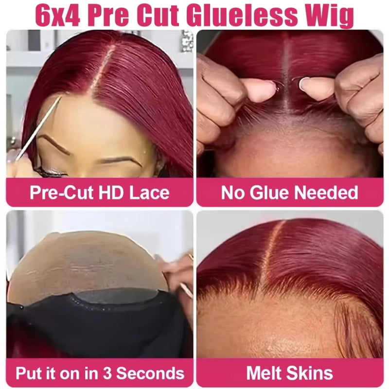 99J Burgundy Pre Colored Straight Lace Frontal Wigs For Women Pre Plucked Invisible Pre Cut Lace Brazilian Hair 13X6 Hd Transparent Lace Front Human Hair Wigs