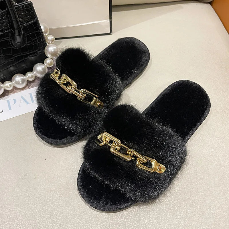 Fluffy Women's Slippers Home Winter Chain Luxury Designer Woman Shoes Plush Indoor Casual Platform Fuzzy Fur Slides Elegant New