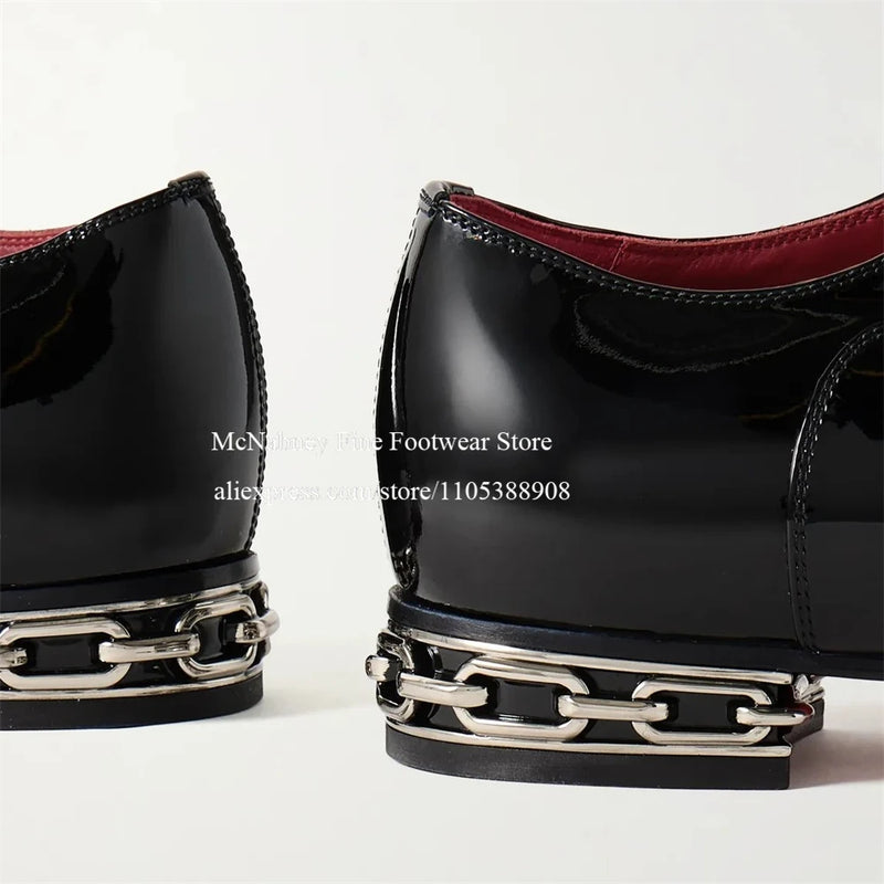 Patent Leather Metal Chain Heel Gentleman Oxfords Lace up Alpha Male Dress Shoes Classic Formal Shoes for Party Wedding Business