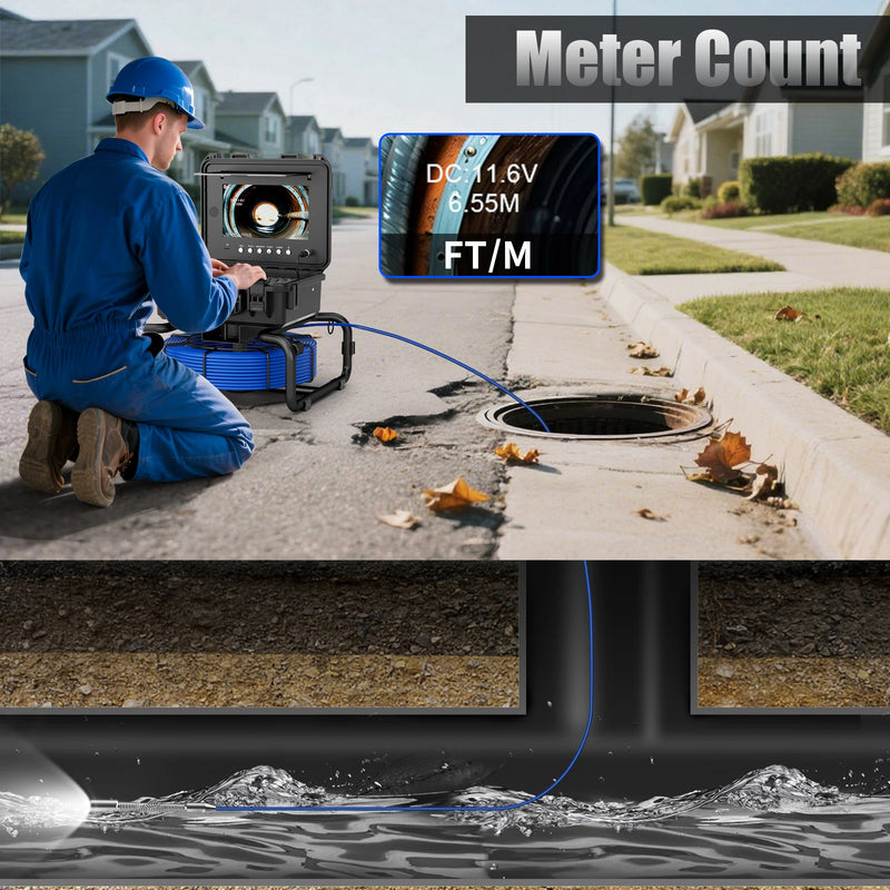 Sewer Pipe Inspection Camera With Keyboard Meter Counter,10" IPS Screen 7mm 512hz Self-Leveling AHD1080P Sewer Drain Borescope
