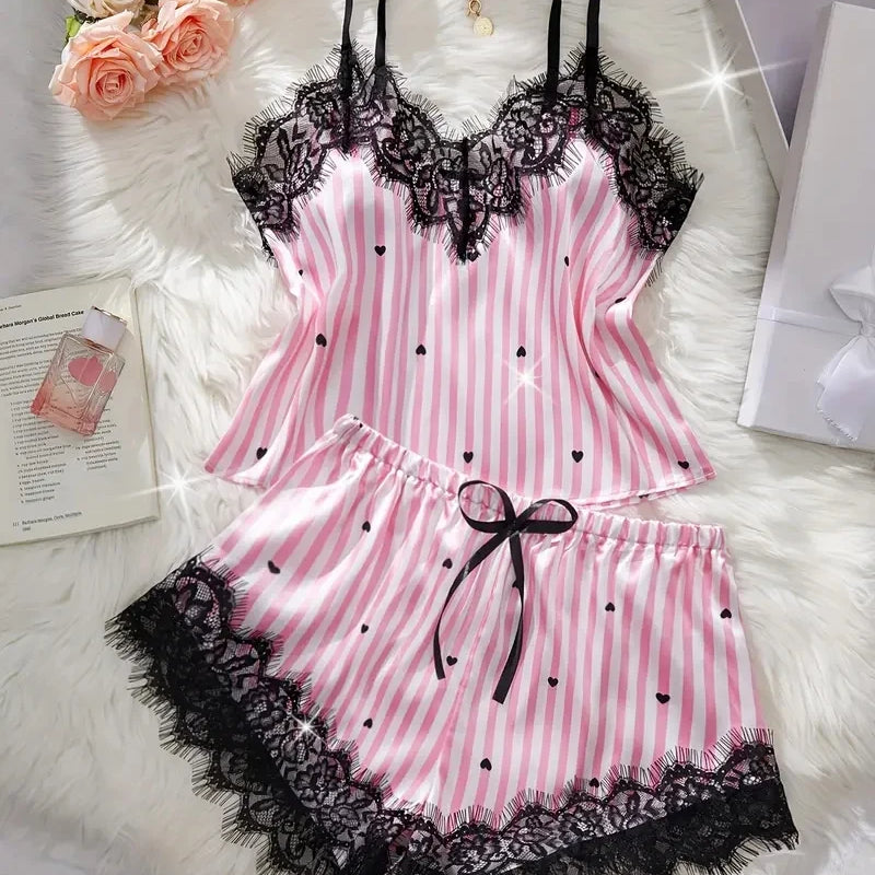 Summer Silk Satin Women's V-Neck Sexy Lace Suspender Pajama Shorts Set Stripes Heart Casual Women's Sleeveless Sexy Pajama Set