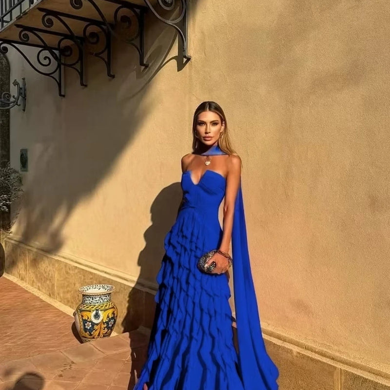 Halter Long Train Evening Gown Sweetheart Multi Layer | SAMAG