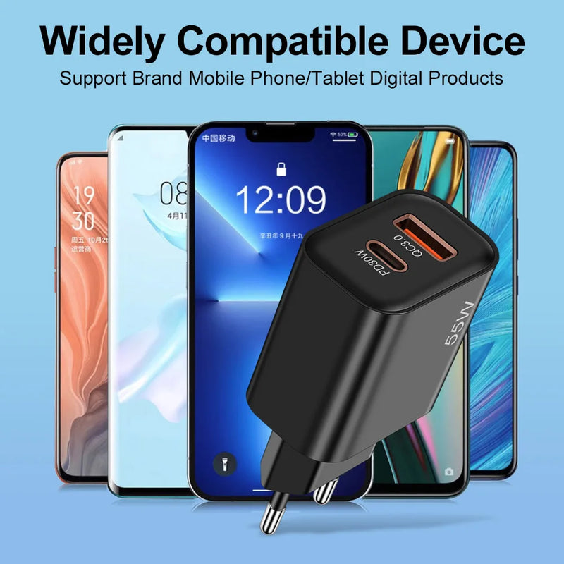 55W PD Fast USB Charge Charger 2 Ports EU US Plug Wall Charger Adapter For iPhone Xiaomi Huawei Samsung USB C Phone Charger
