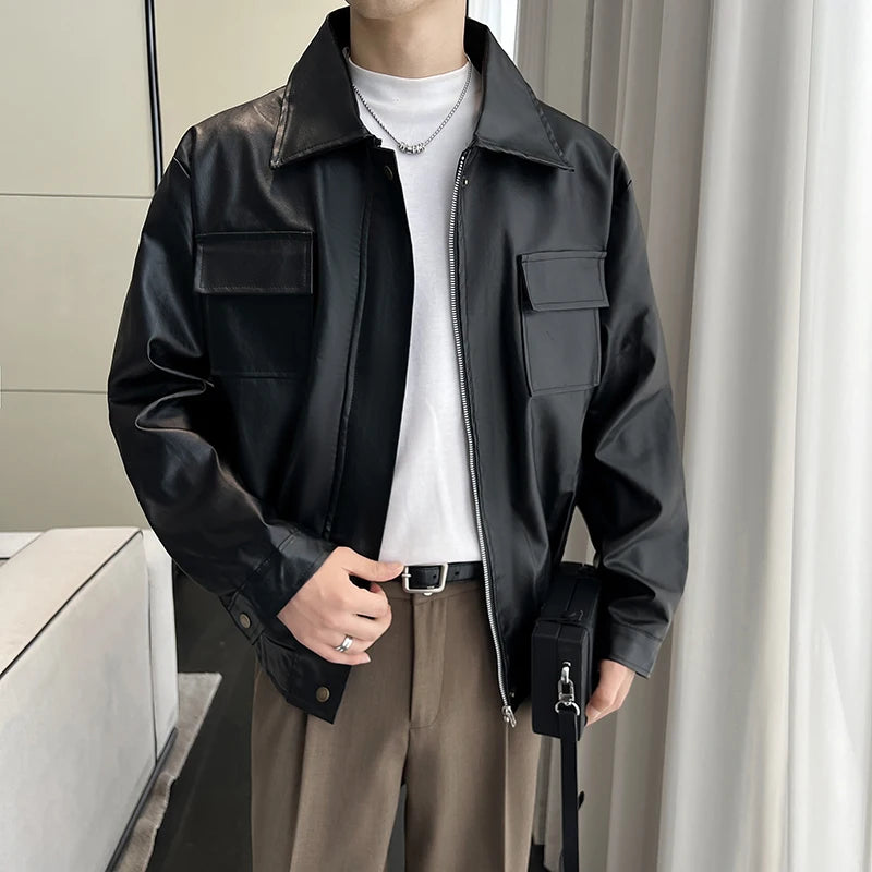 High-quality men's PU leather solid color windproof, waterproof jacket, daily fashion casual outerwear,  zipper leather jacket.
