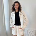 2026 Spring/Summer Casual Women's Stand up Collar Jacket Loose Shorts Long Sleeve Zipper Pocket Coat Fashion Sports Set