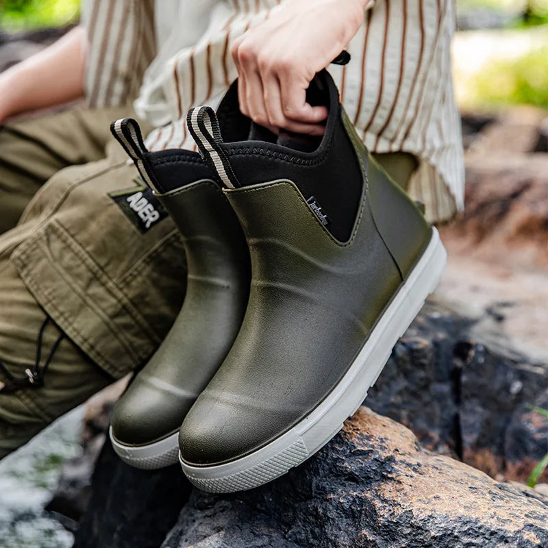 Men Rain Boots Non-slip Water Shoes Outdoor Waterproof Fishing Boots Slip on Men Rubber Boots PVC Material Round Toe Rain Shoes