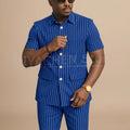 Navy Blue Striped Men Suits Chic Stand Collar Short Sleeves Wear Single Breasted Office Business Casual Male Suit 2 Piece