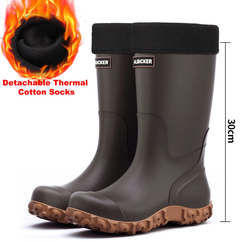 Men's Rain Boots Long Tube Water Shoes Non-slip Waterproof Safety Work Shoes Black Red High-Top Fishing Boots With Cotton Socks