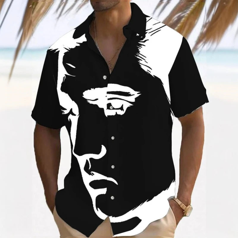 Simple Men's Shirt 3d Face Print Short Sleeve Beach | SAMAG