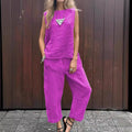Summer Cotton And Linen Casual Outfits Female Fashion Solid Color Two-piece Set For Women Sleeveless Top Trousers Women's Suit
