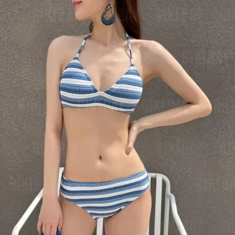 Korean Striped Tankini Swimsuit Sexy Halter Backless | SAMAG