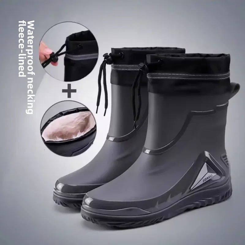 Men's Rain Shoes Fashion Waterproof Men's Rain Shoes Outdoor Non-slip Work Shoes for Men Cotton Warm Rain Boots Kitchen Footwear