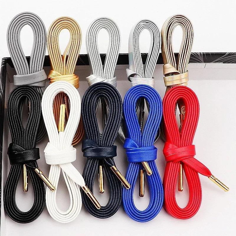 Luxury Faux Leather Shoelaces Gold Silver Flat Rope Shoelace Metal HeadSneakers Casual Shoes Laces 80/100/120/140/160cm 1Pair