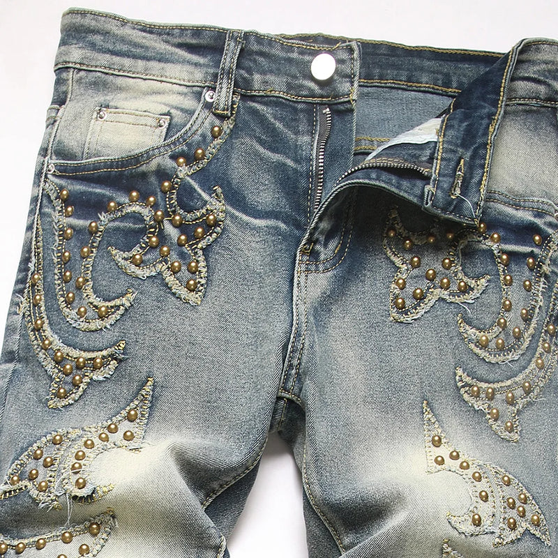 Men Slim Boot Cut Denim Jeans Punk Rivet Patch Stretch | SAMAG