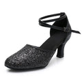 Glitter Women Latin Dance Shoes Closed Toe Ankle Strap Cha Cha Tango Mid Heel Soft Suede Sole Practice Performance Indoor Pumps