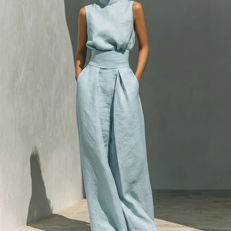 2026 Sleeveless Top+Wide Leg Pants Summer Casual Two-Piece Set Elegant And Loose Office Set High Street Pocket Women's Suits