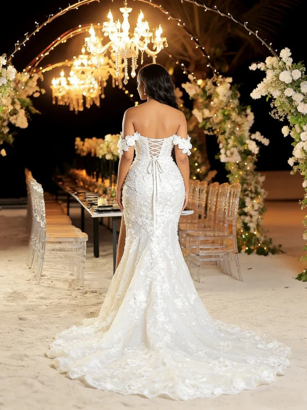 Customized White Elegant Mermaid Wedding Dress Shoulder - View 3 | SAMAG