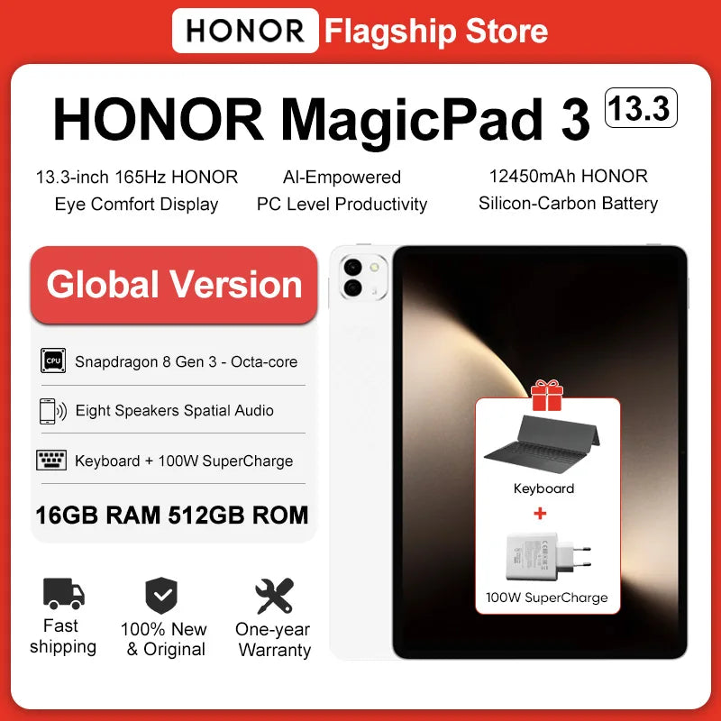 HONOR MagicPad 3 Tablet Global Version 13.3'' 165Hz Eye Protection Screen Snapdragon 8 Gen 3 12450mAh Long-Lasting Battery
