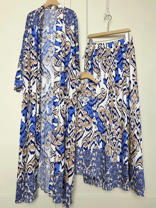 Design retro positioning printed long cardigan+vest three piece set for spring women's clothing+loose pants skirt fashion set