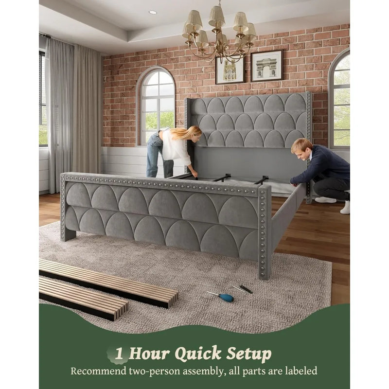 King Size Velvet Wingback Bed Frame with 56 Headboard and 1000lbs Capacity Support, Noiseless Platform Design