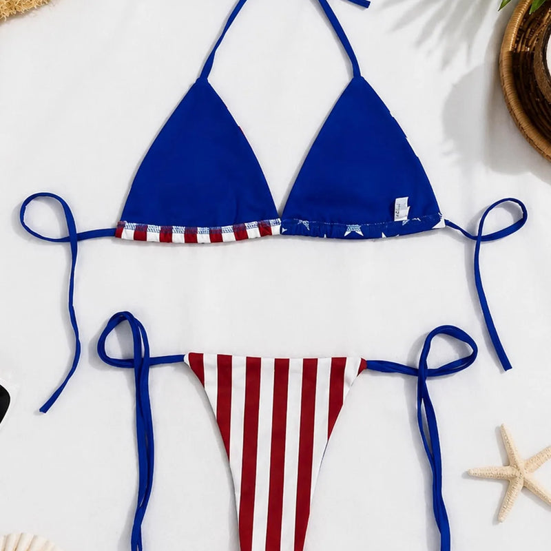 Vintage American Flag Print Bikini Set Halter String | SAMAG