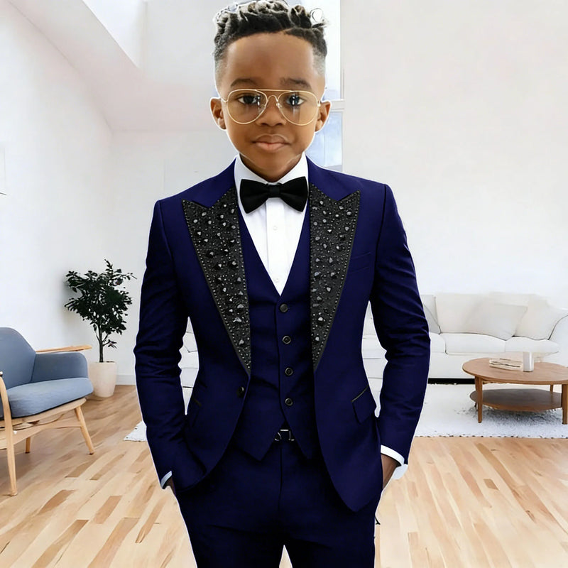 Black Suit for Boys Evening Party Tuxedo Kids Wedding Beaded Crystals Suit 3 Piece Boy Suit Jacket Pants Vest Formal Prom Dress