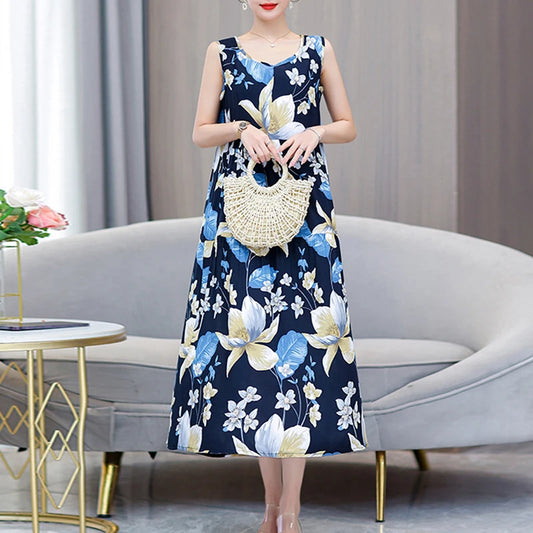 2023 Women Plus Size Boho Dress Long Maxi Sundress Party Dress Elegant Vestidos Print O-neck High Waist Sleeveless