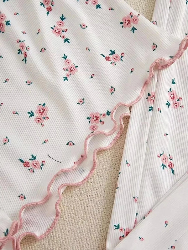 Women's Two-Piece Summer Ribbed Knitted Flower Print Lace Trimmed Camisole Vest and Bow Shorts Sexy Pajama Set