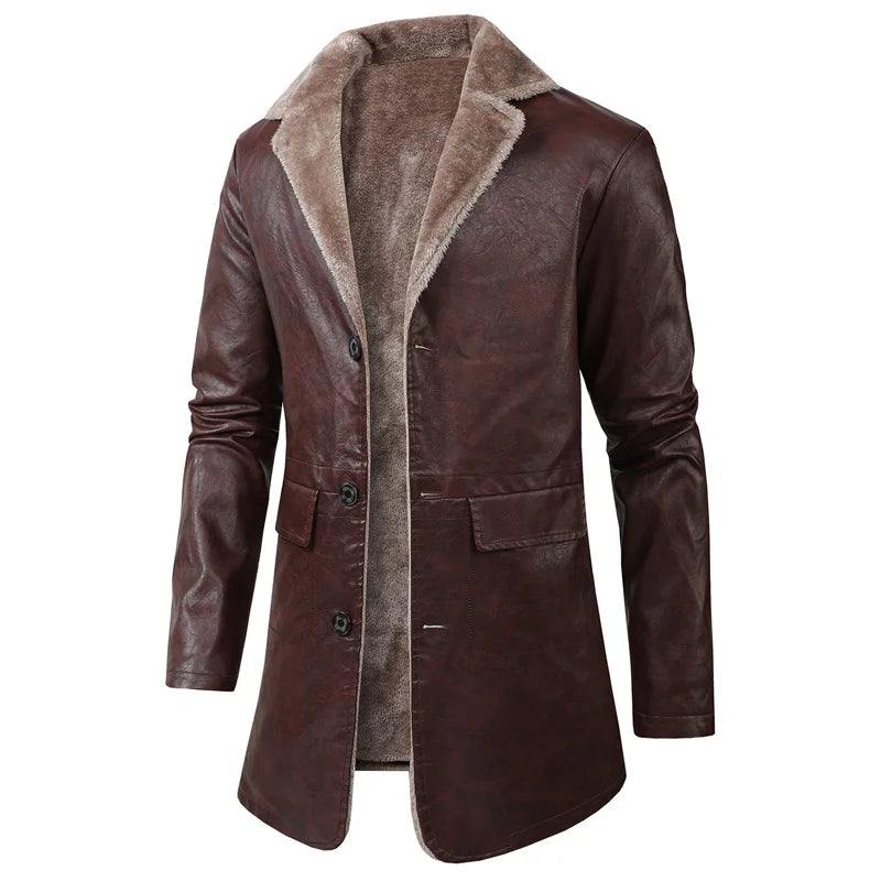 Winter Men's Thick PU Leather Jacket Coat Long Outwear Fur Turn Down Collar Fashion Male Clothes Vintage Leather Jackets MY916