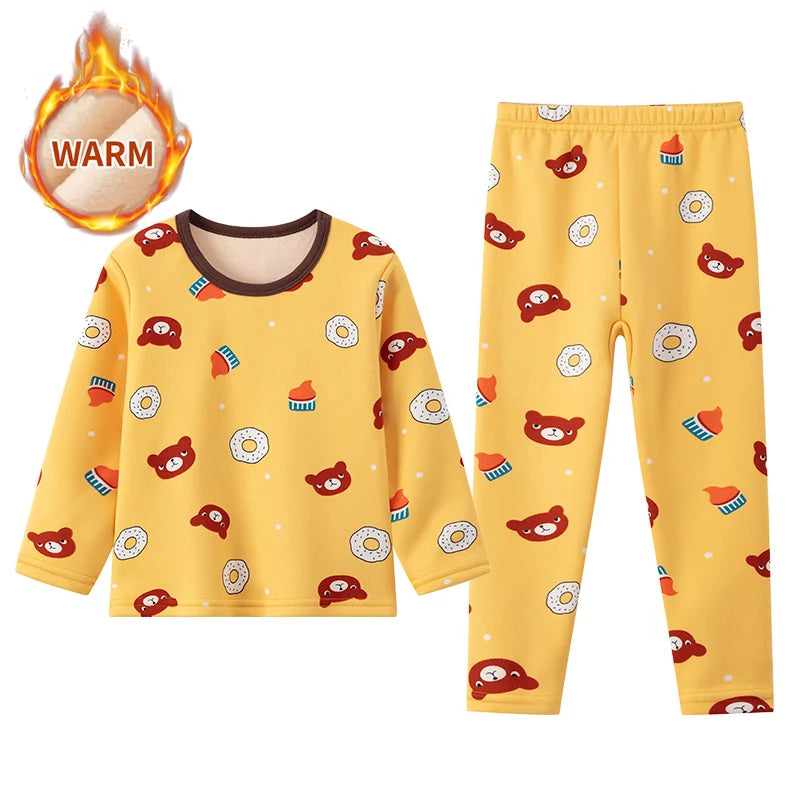 2-piece Autumn And Winter Children's Plush Thick Warm Home Underwear Set For Boys And Girls Fun And Cute Tops Comfortable Pants