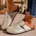 Fashion Gold Woven Buckle Clogs for Women 2026 Summer Closed Toe Cork Sole Mule Shoes Woman Non-slip Flat Heels Half Slippers
